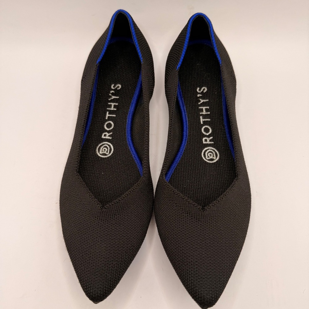 Rothy's The Point Black Pointed Toe Flats Blue Halo Trim Womens Size 7